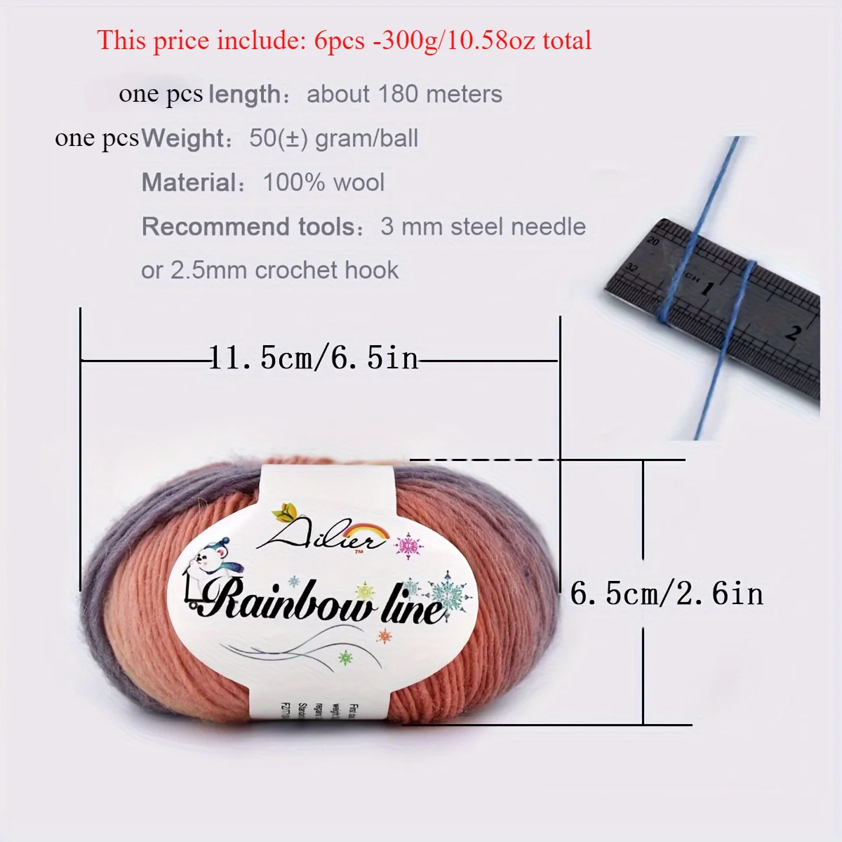 

6Pc 50g/pc100% Rainbow Wool Yarn Hand Knitting & Crochet DIY Projects Premium Quality, Plush, and Gentle on Skin