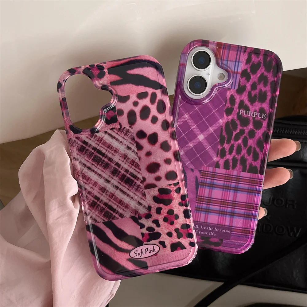 Funda coreana con estampado de leopardo para iPhone, carcasa bonita a prueba de golpes con patrón de animales para modelos 16, 15, 14, 13, 12, 11 Pro Max Plus