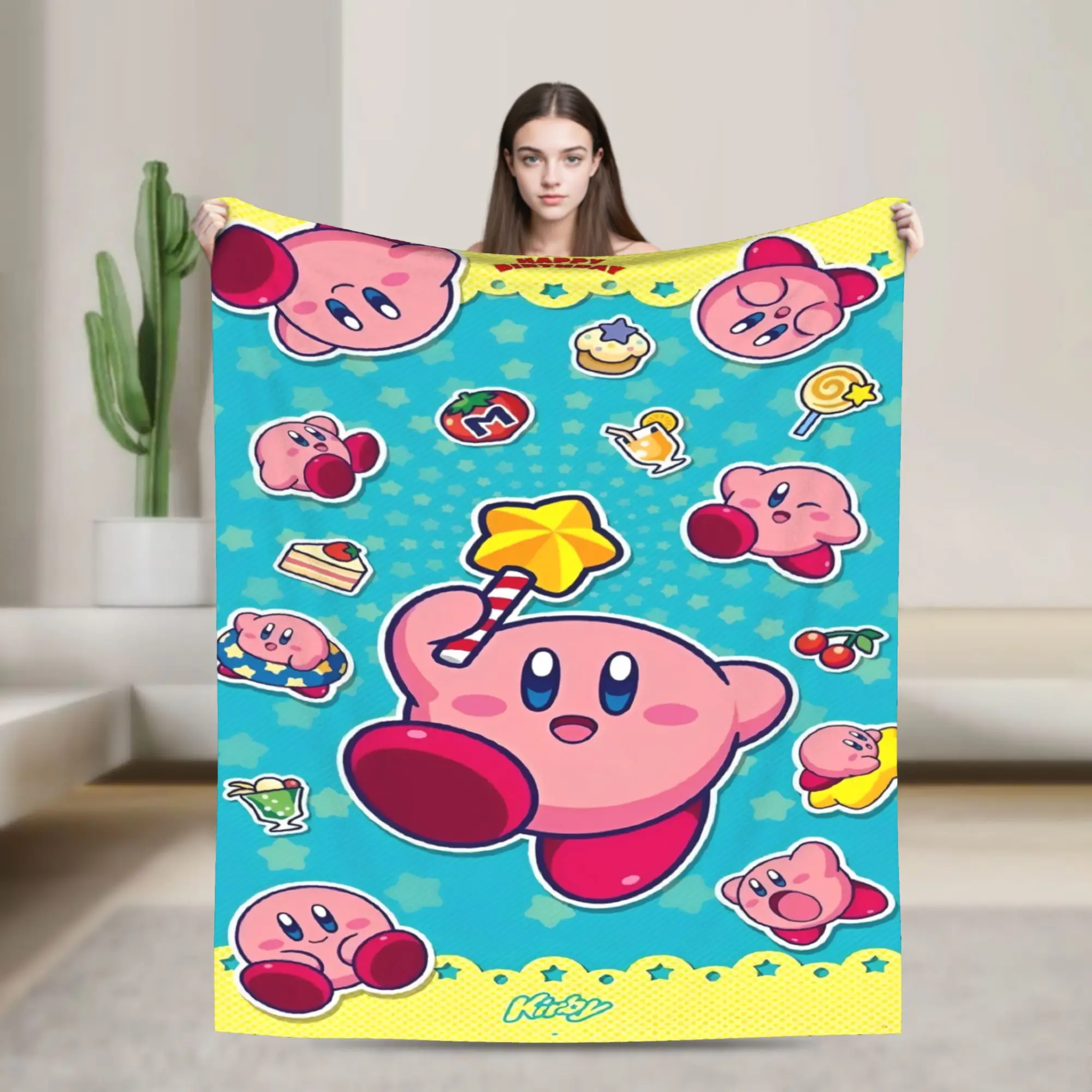K-Kirbys Cartoon Stars Kawaii Blankets Warm Novelty Plush Bedding Throws For Students Home Decor Flannel Bedspread Bed Cover
