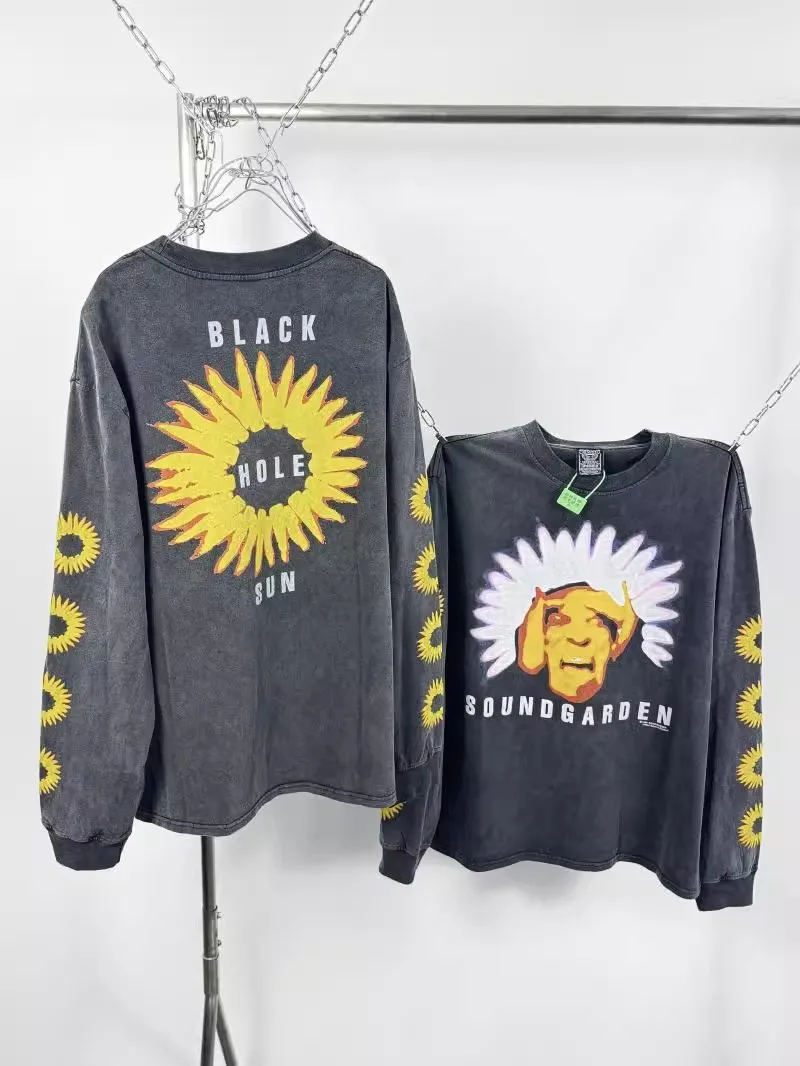 

Harajuku Retro Higt Street Washed SAINT Sunflower Print Long Sleeves T Men Women Tee Tops T-Shirts
