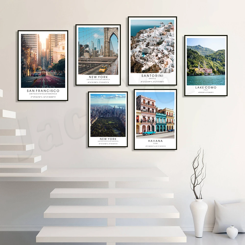 Lake Como, Chichen Itza, Denmark, Italy, Florence, Brooklyn Bridge, Havana, San Francisco, Switzerland, Greece travel posters