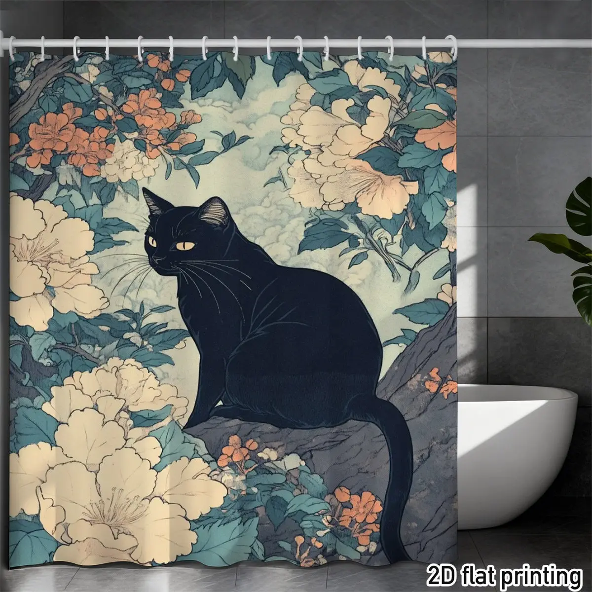 

Занавеска для душа Black Cat – яркий цветочный дизайн с ветвями, 2D-печать, прочный водонепроницаемый полиэстер, 70×70 дюймов, 12 крючков