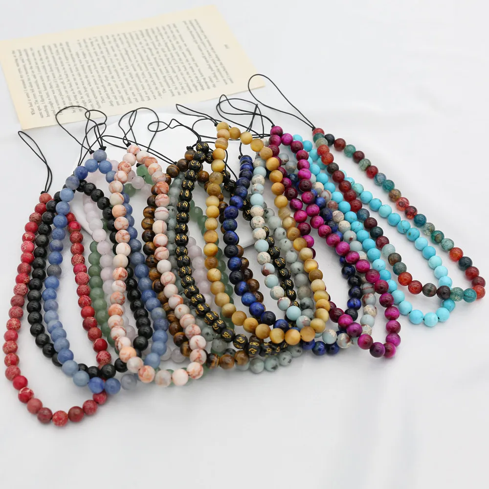 8MM Natural Stone Beaded Phone Chain Telephone Wrist Lanyard For Women Men Cellphone Case Hanging Rope Phone Strap Anti Lost