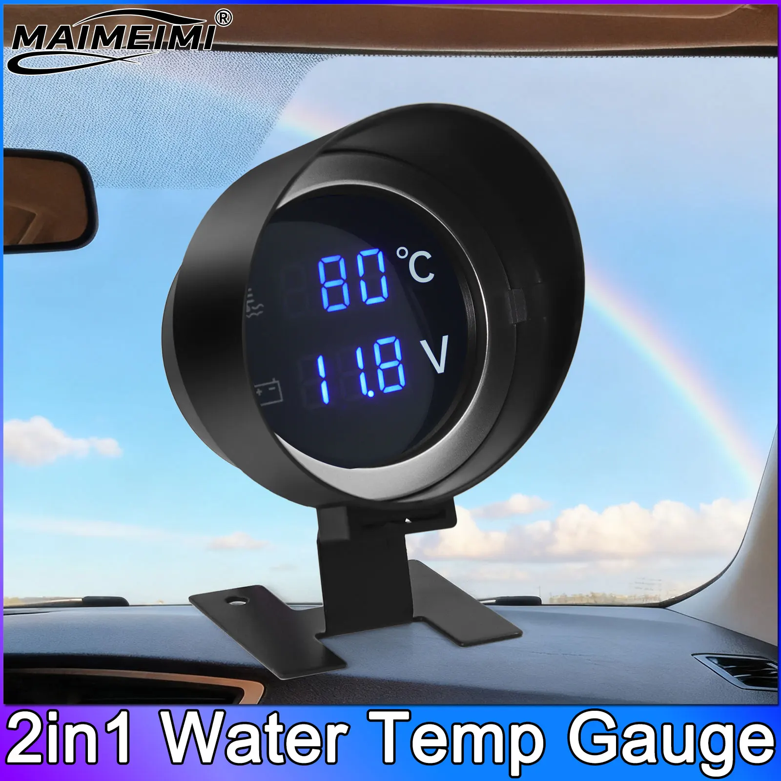 QC LCD 2 in 1 Gauge Water Temperature Gauge with Sensor+Voltmeter Blue Backlight Round Led Digital For Car Truck