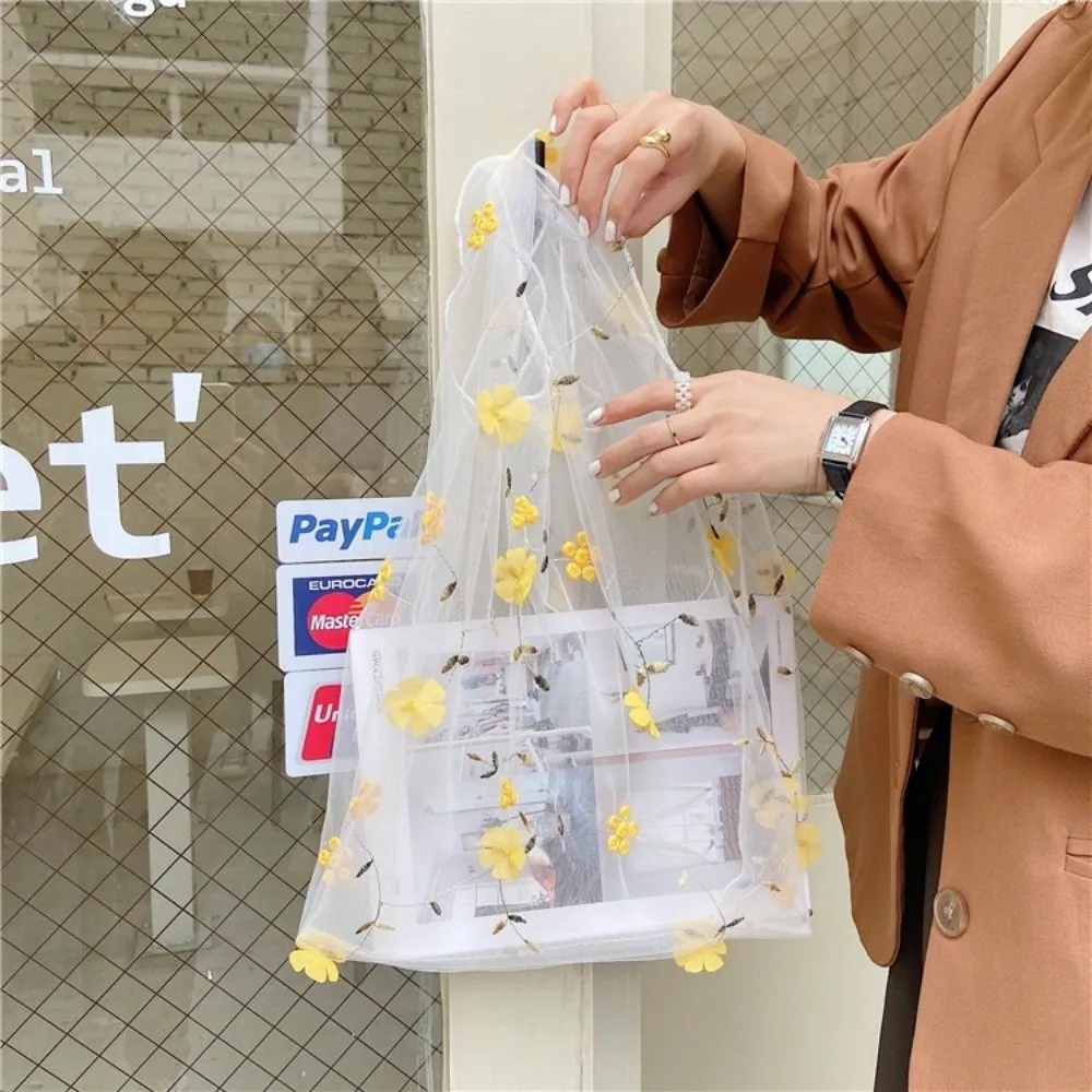 Silk Embroidery Mesh Handbag Polyester Transparent Flowers Embroidery Handbag Quick Drying High Quality Organza Yarn Bag Summer