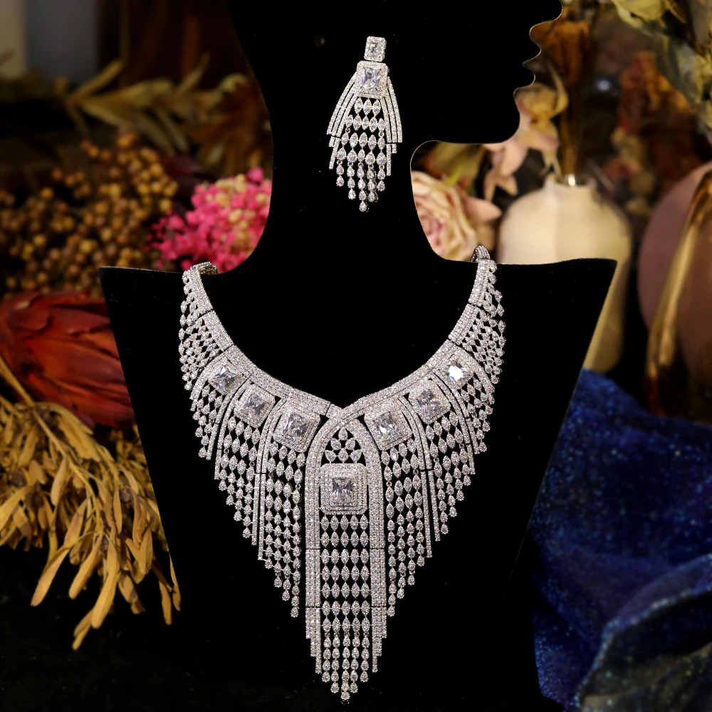 Famous Brand Bombastic Fringe Design Wedding Naija Bridal Cubic Zirconia Necklace Women Luxury Dubai Dress Large Jewelry Set