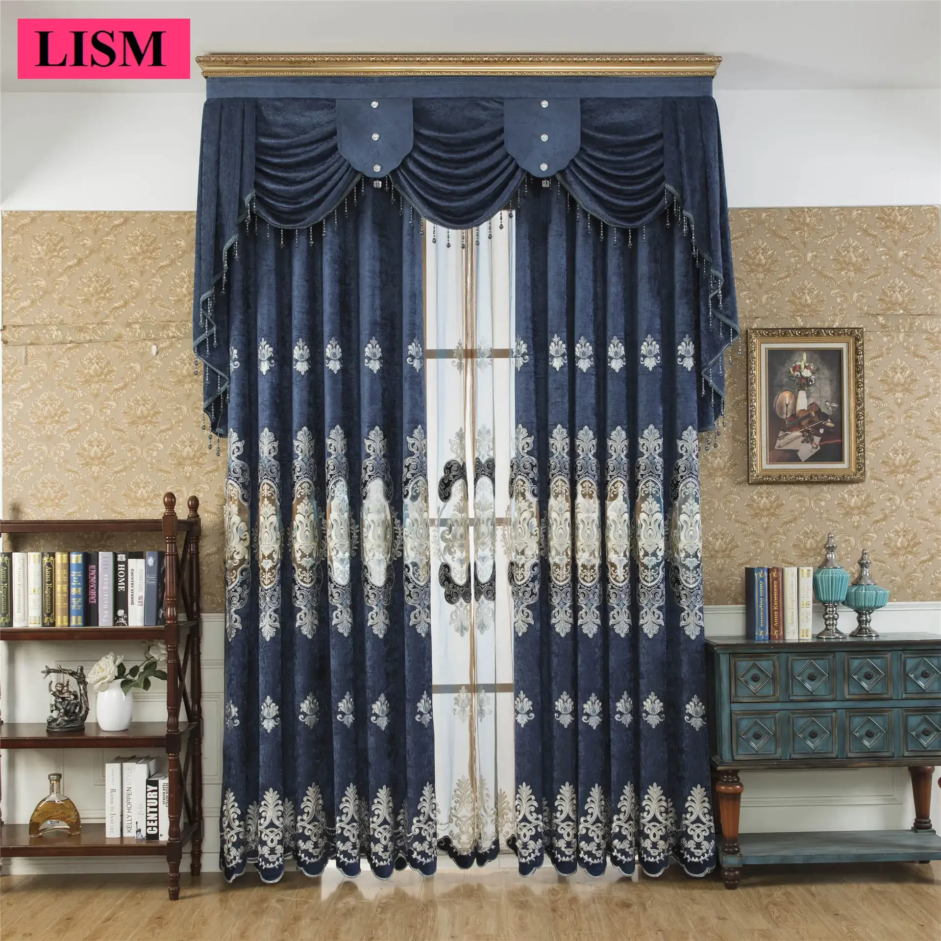 

Nordic Luxury Water-soluble Hollow Chenille Embroidered Curtains For Living Room Bedroom Study Blackout Custom Blue Lace Tulle