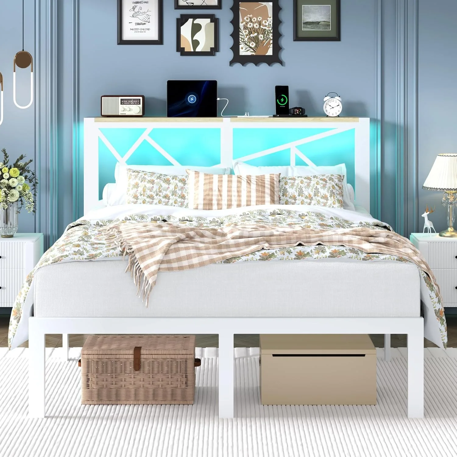 Full Modern Metal Platform Bed, LED Storage Headboard with Charging Station, Customized