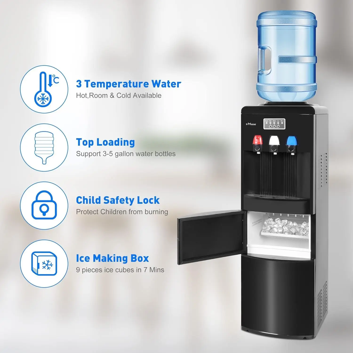 1 Water Dispenser with Built-in Ice Maker, Top Loading Water Cooler Dispenser for 3-5 Gallon Bottle with a Scoop, 3 Temps,