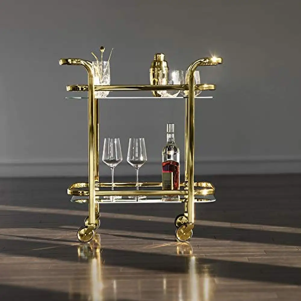 Gold Plated Stainless Steel Bar Cart with Mirrored Shelves and Wheels Bartending Accessories Holder Home Bars Stylish Design