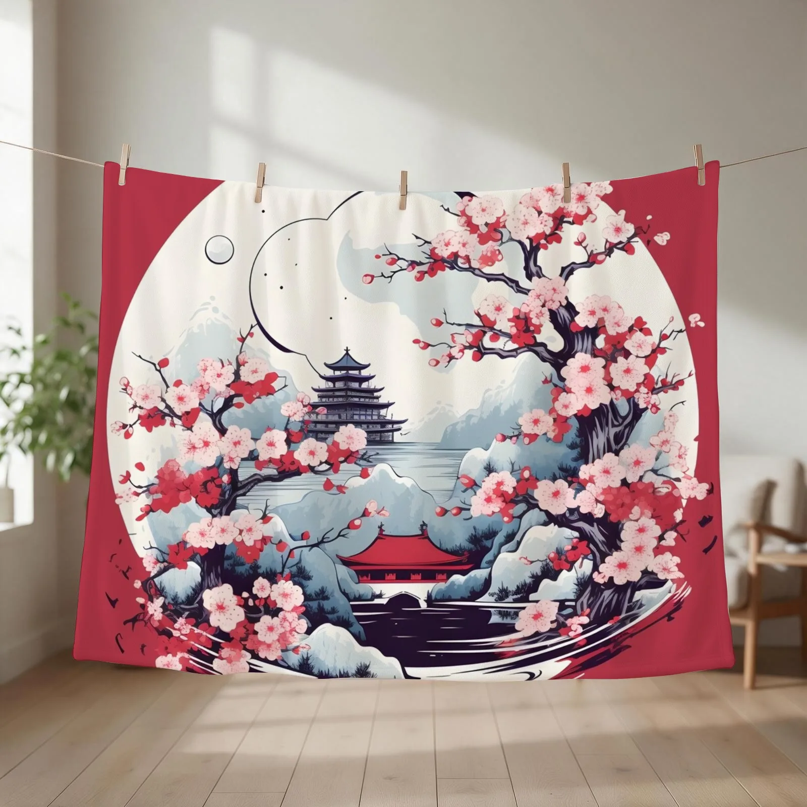 Japanese Elegance: Tower and Blossoms Throw Blanket Hairys Soft Beds wednesday Flannels Blankets