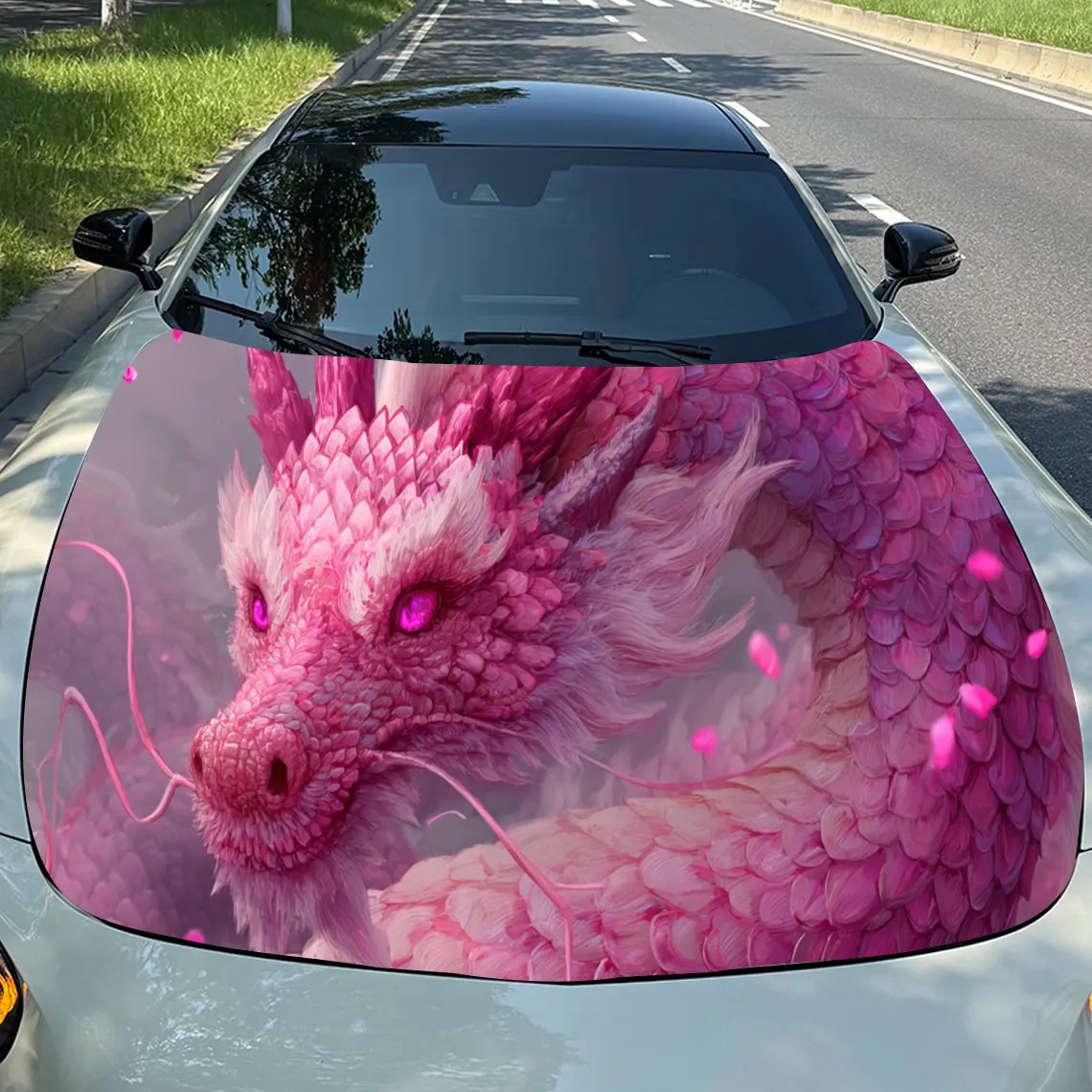 

Mythical Pink Dragon Dominance PVC Car Engine Hood Vinyl Wraps, Self-Adhesive Waterproof Car Hood Decal Sticker, Car Decoration
