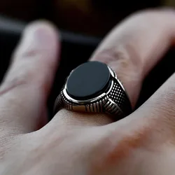 Vintage Punk 316L Stainless Steel Black Stone Ring Gothic Fashion Turkish Style Rings For Men Women Charm Party Jewelry Gifts