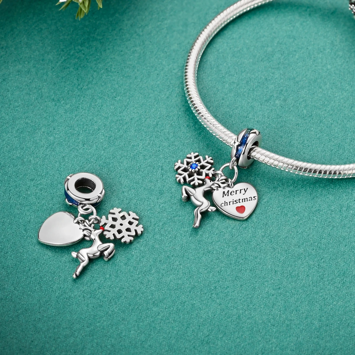 Silver Plated Charms Merry Christmas Bells Santa Claus Moose Beads Pendants Fit Bangle Bracelet Diy Jewelry Gift