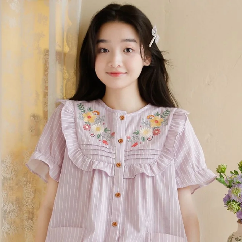 Fashion Stripe Printed Embroidery Cotton Short Sleeve Pajama Sets For Women Summer Comfortable Knee Length Pyjamas Home Clothes