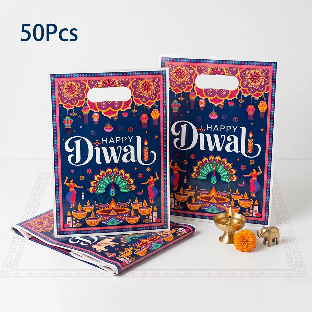 50Pcs Happy Diwali Theme OPP Gift Packing Bags Peacock Candle Candy Cookie Treat Bags for India Diwali Festival Party Decoration