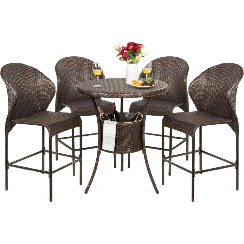 

Brown 5-Piece Outdoor Wicker Bar Bistro Set – Built-in Bucket Table + 4 Chairs Patio Backyard