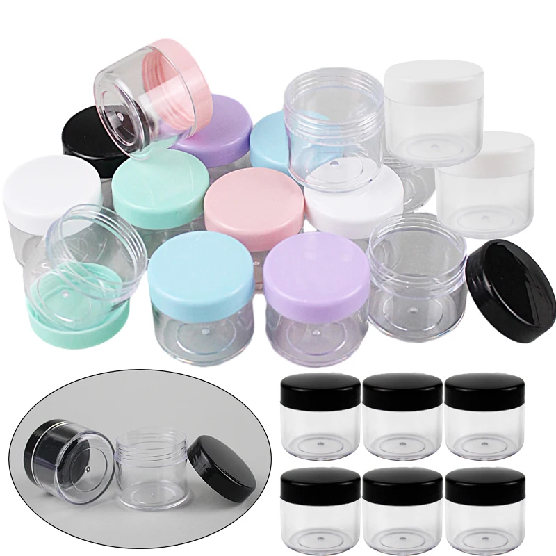 48pcs Empty 10g 15g 20g Travel Small Colorful Covers Clear Plastic Cosmetic Pot Jars With Lid For Face Cream Lip Balm Containers