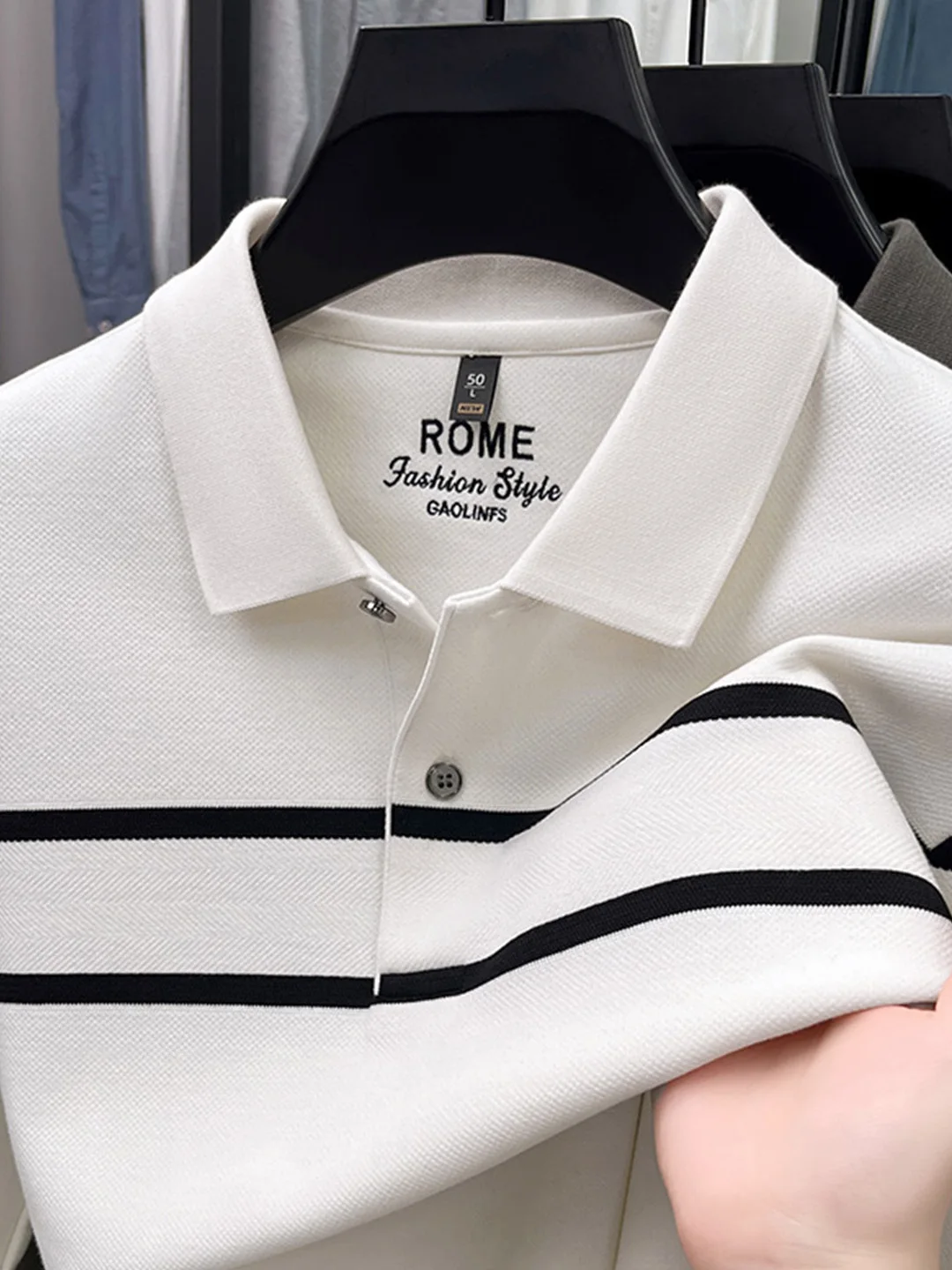 

Autumn New Sle Men's Long Sve irt Bamboo Fiber Casual Turn-down Collar Striped White T-irt Middle-aged Dad Clothes
