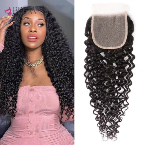 Cierre rizado 4x4 solo rizado Pre desplumado Cierre de encaje transparente HD suizo 100% cabello humano Remy a la venta al por mayor