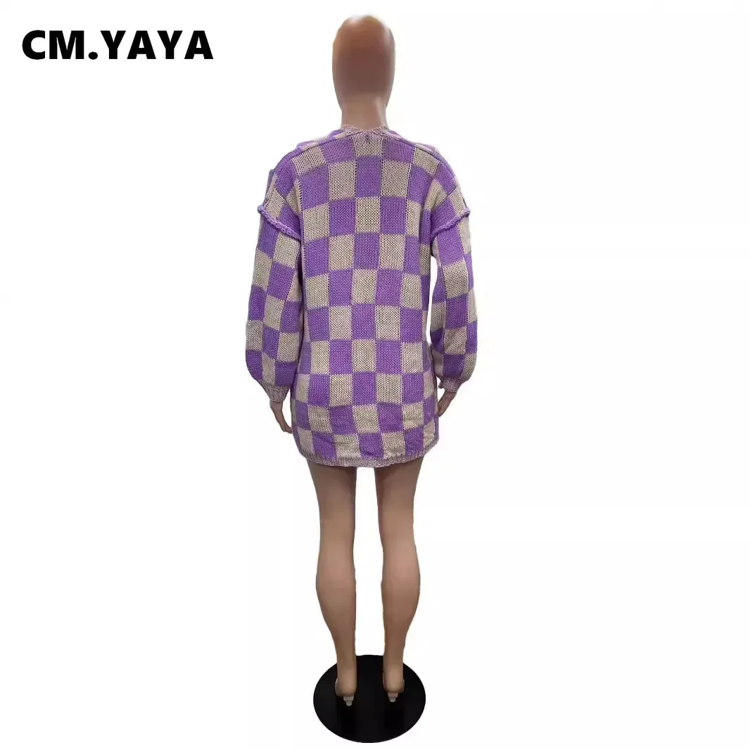 CM.YAYA Elegant Women Knit Paild Long Sleeve Open Stitch Slim Cardigan Sweaters Thick Warm Sweaters Loose Outwear 2024 Autumn