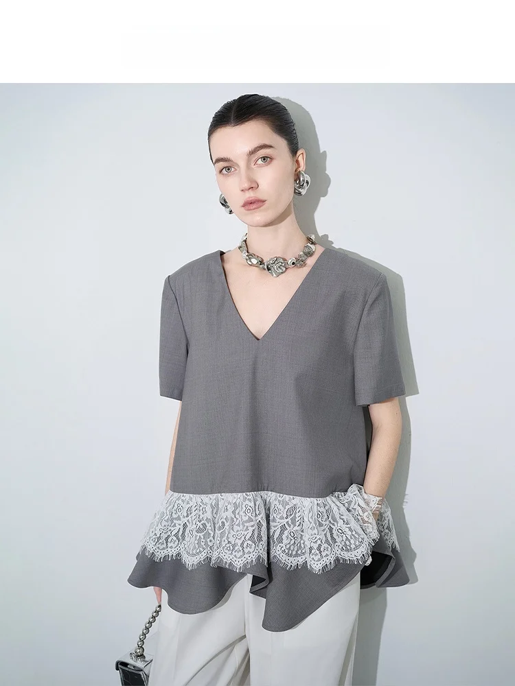 

Audrey Wang esm Lace Patchwork Wide oulder V-ne T-irt Women's Ele Summer New Sle Commute Loose Fit Polyester ...