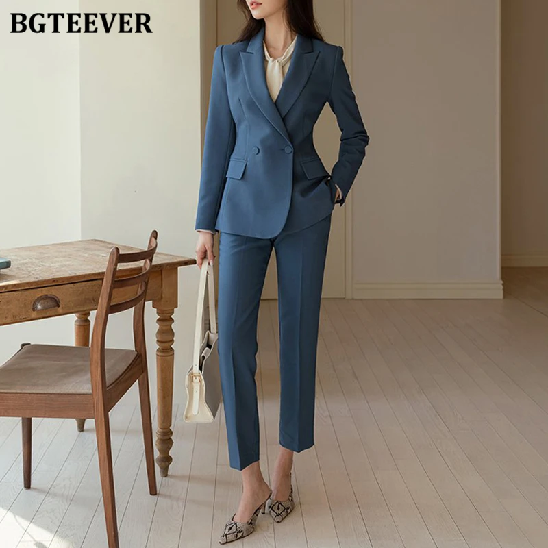 BGTEEVER-Conjunto de chaqueta de 2 piezas para mujer, traje de manga larga con doble botonadura, chaquetas, pantalones pitillo