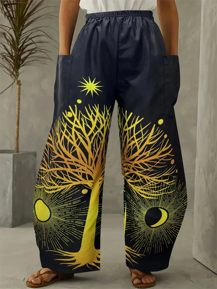 Women's Fashion New Wide-legged Pants Elegant 3d Sun, Moon And Star Printed Pants Women's Street Vintage Pants With Pockets