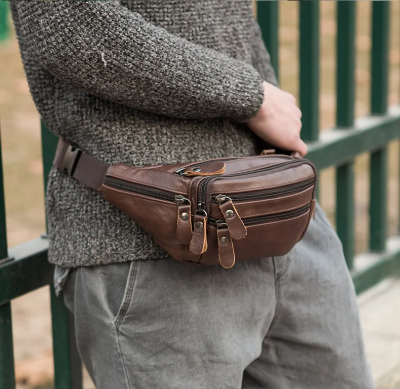 

Large Capacity Waterproof Real Genuine Leather Men's Waist Bag Cowhide Male Zipper Site Workers Travel Leisure Phone Chest Bags