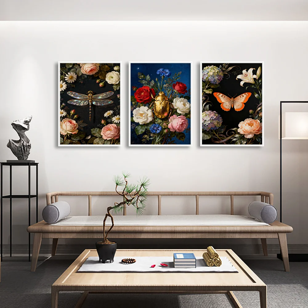 2D Flat, 3pcs Dark Baroque Bohemian Mystical Nature Triptych Wall - Frameless Horizontal Canvas Posters Suitable for /, Horiz