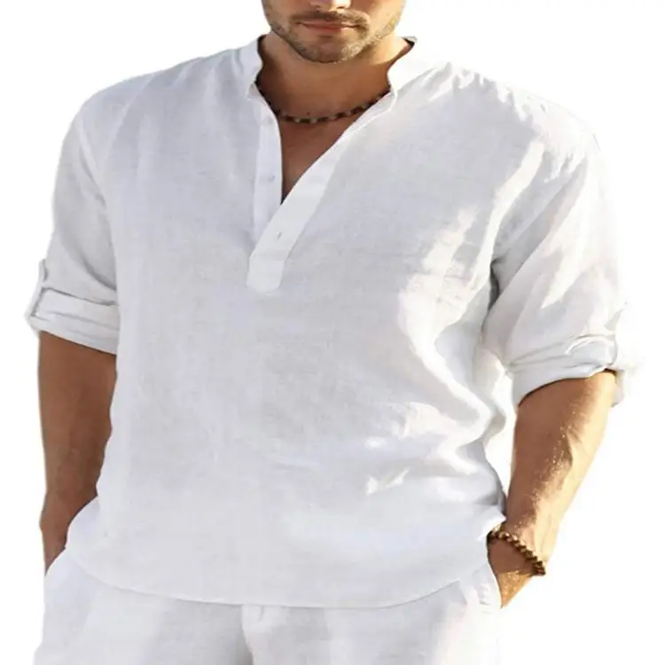 

Men's Trendy Stand up Collar Cotton Linen irt Loose Fit Long Sve Pure Color Spring Autumn Wear Casual Busin