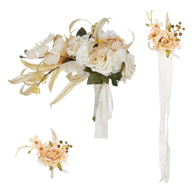 Elegant Champagne Bridal Wedding Bouquet/Brooch/Wrist Flower Artificial Silk Florals Accessory Bridesmaids Decoration