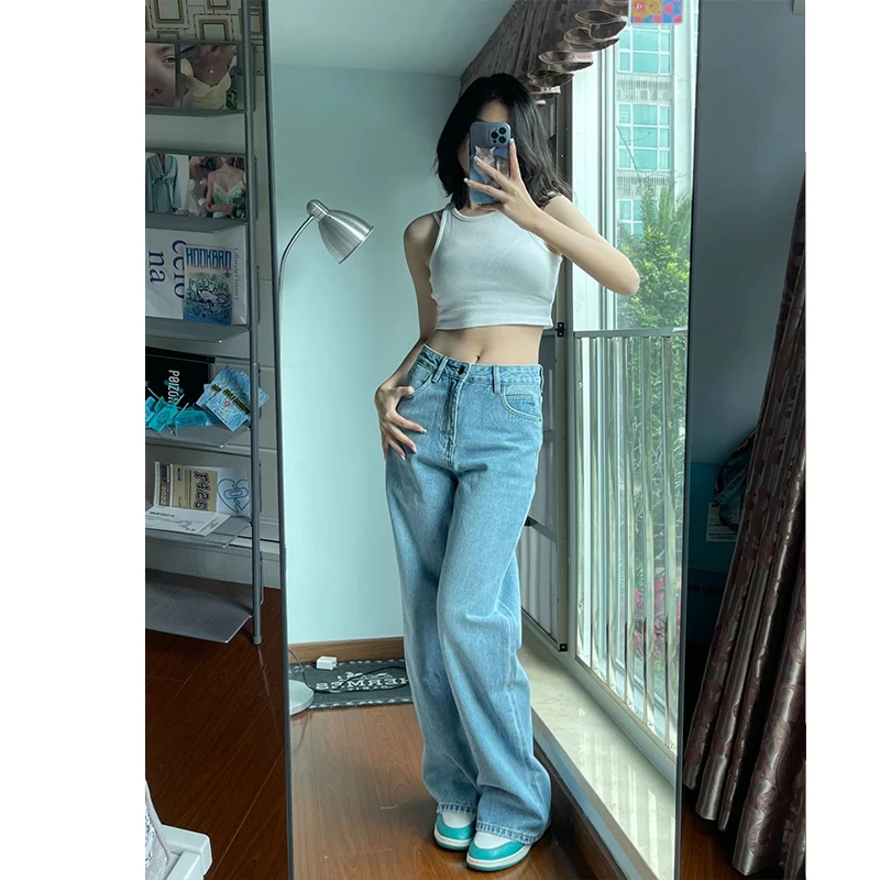 

Светло-голубые свободные прямые джинсы для женщин больших размеров, летние тонкие джинсы с высокой талией, корейская версия, длинные брюки для повседневной носки
