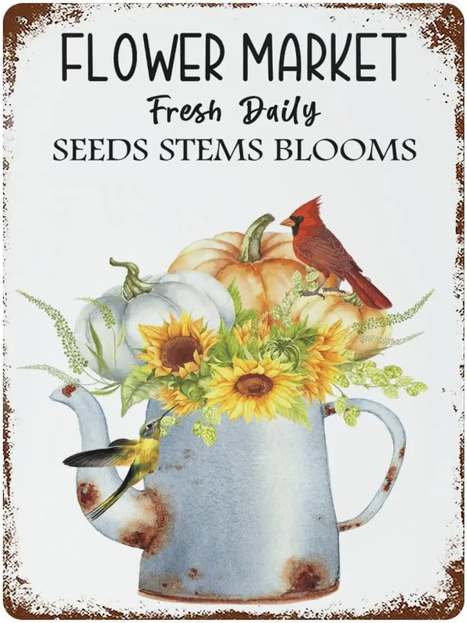 Fall Farmhouse Autumn Harvest Cute Red Birds Vivid Sunflowers Metal Tin Sign Pool Signs and Decor Outdoor Flower Market Daily Me