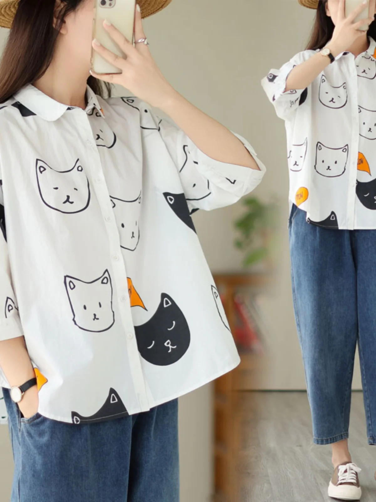 

Sweet Sle Loose Fit ort Sve irt Women's Single Button Cartoon Print Top Fre And Artistic Casual Summer Faion