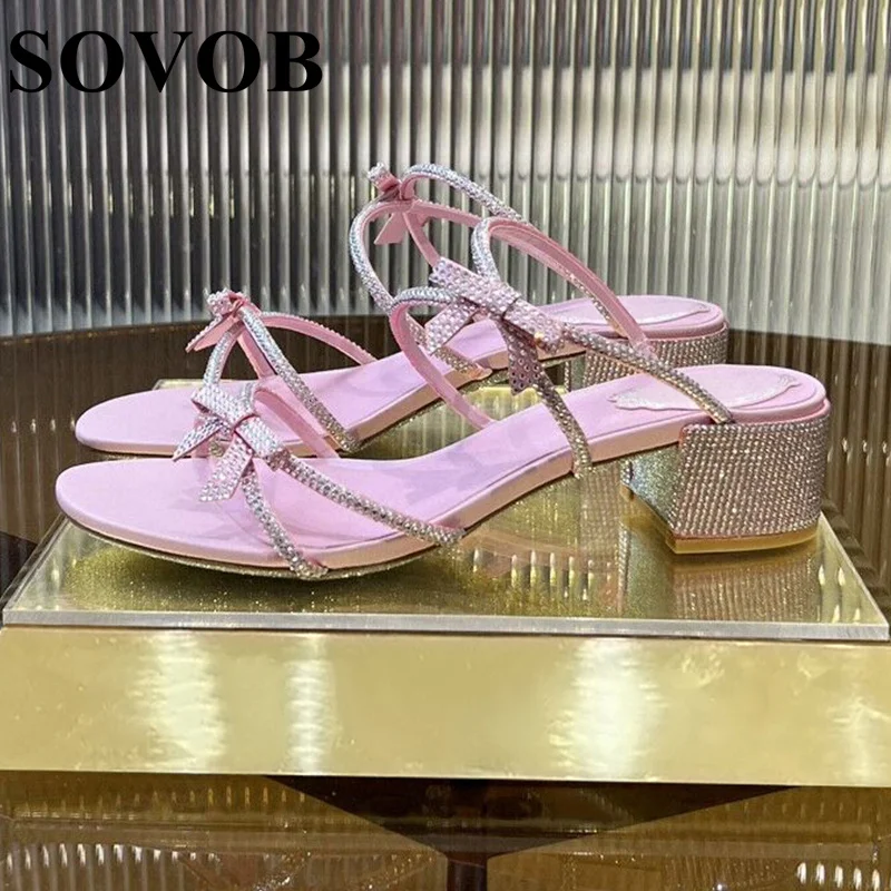 

New Summer Bling Rhinestone Bow Decoration Mid Heel Slippers Women's Round Toe Narrow Band Sweet Style Sandals Wedding Shoes