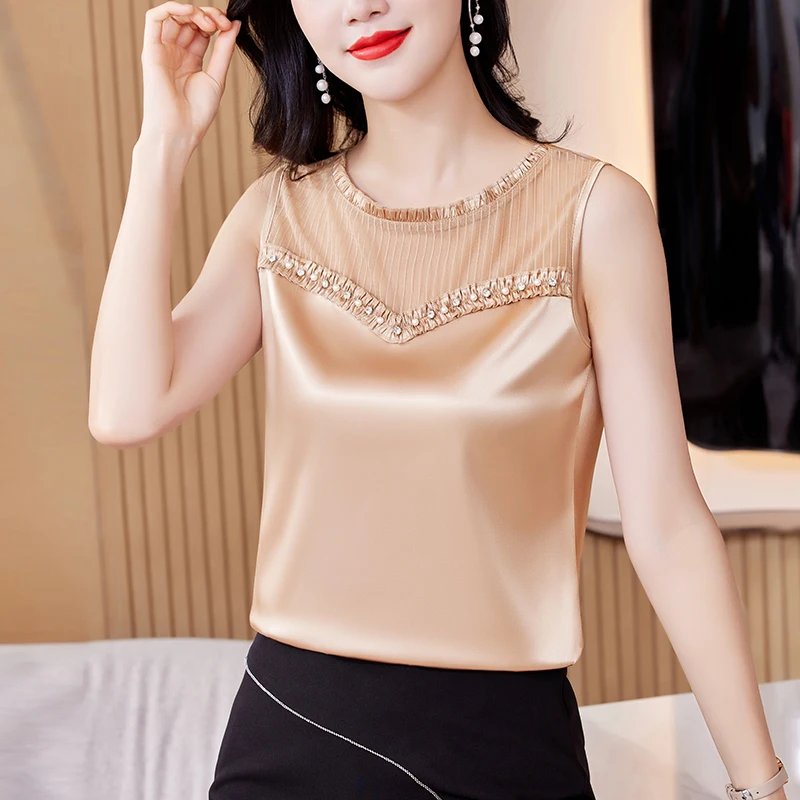 2024 New Fashion Beaded Tank Top Summer Silk Satin Shirt Round Neck Sleeveless Camisole