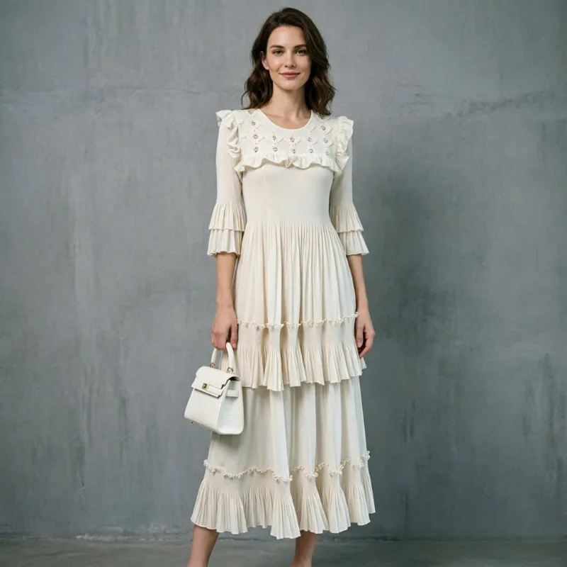 Miyake Pleated Dresses Plisse 2026 Autumn New Dress Beaded Ruffle Edge Decorated Lotus Sleeve Layered Pleats Solid Color Dress