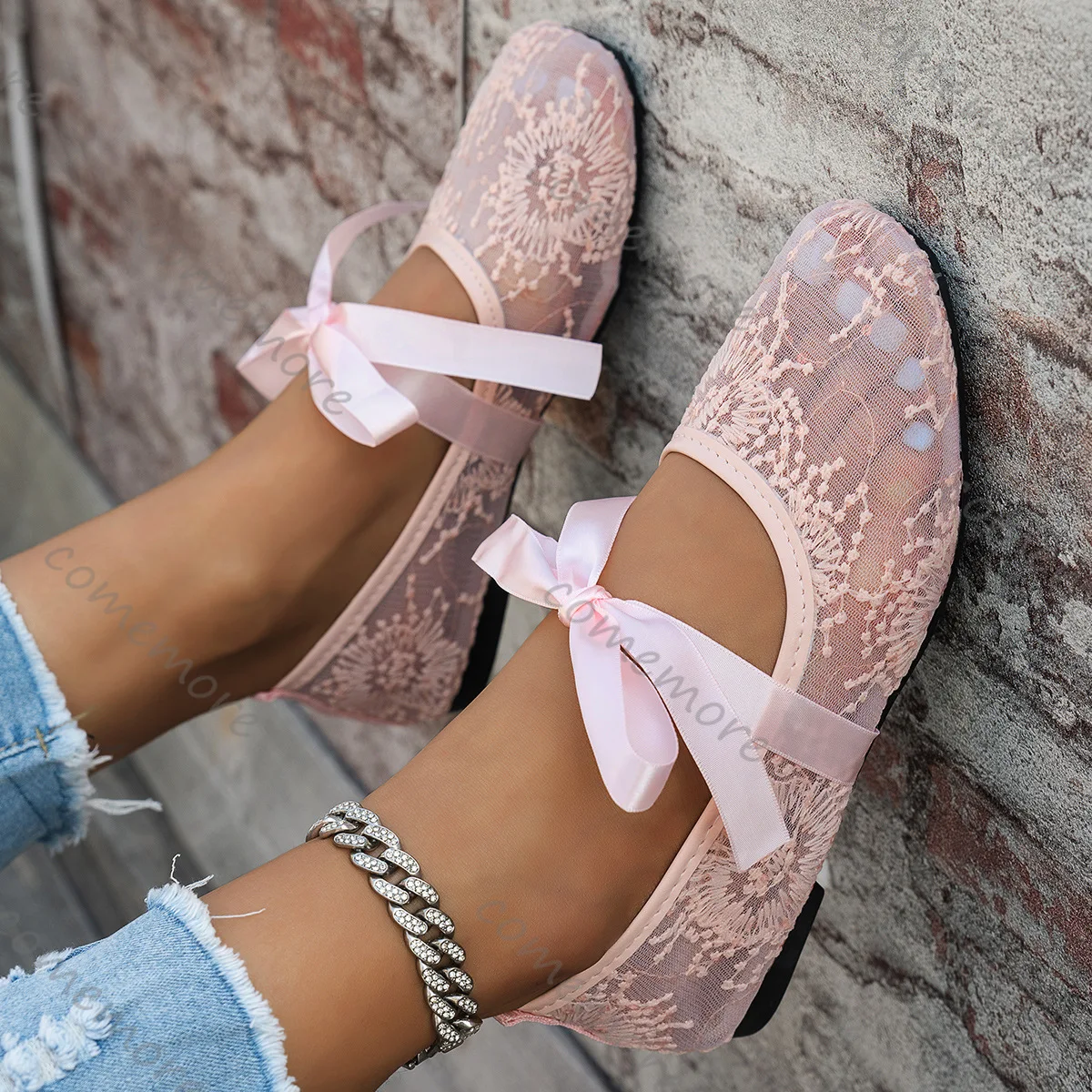 Comemore New Pink Lace Flower Flats Spring Summer Casual Soft Sole Square Toe Lace Up Sweet Ballet Mesh Breathable Single Shoes