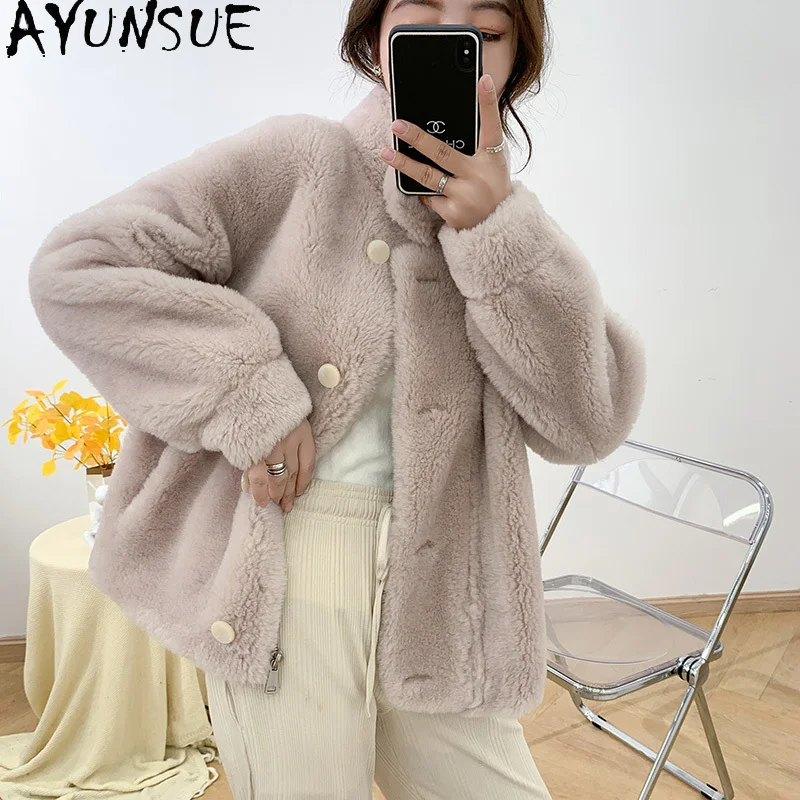 AYUNSUE 100% ウールコート レディース 2025 冬服 女性用 本物の羊毛 シアリングジャケット グレインファッション 合成毛皮 パルトォ ジェンソーレ