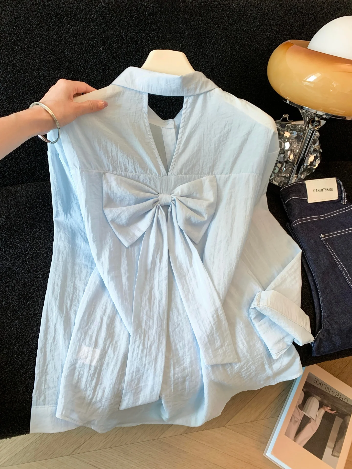 

Blue Knot Hollow Long Sleeve Sun Protection Shirt Jacket Women Summer Loose Casual Shirt Thin Top Collar Button