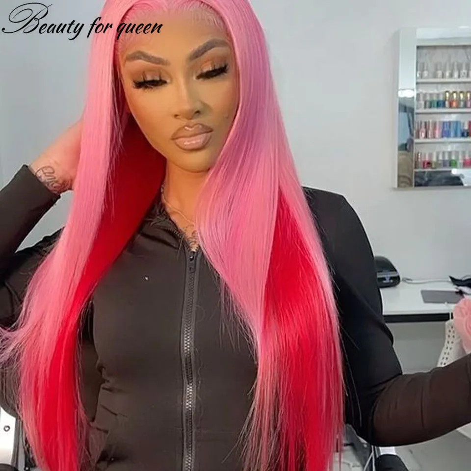 Pink Lace Front Human Hair Wigs For Women Straight Remy Brazilian Hair 150 Density Transparent Lace Frontal Wigs With Baby Hair