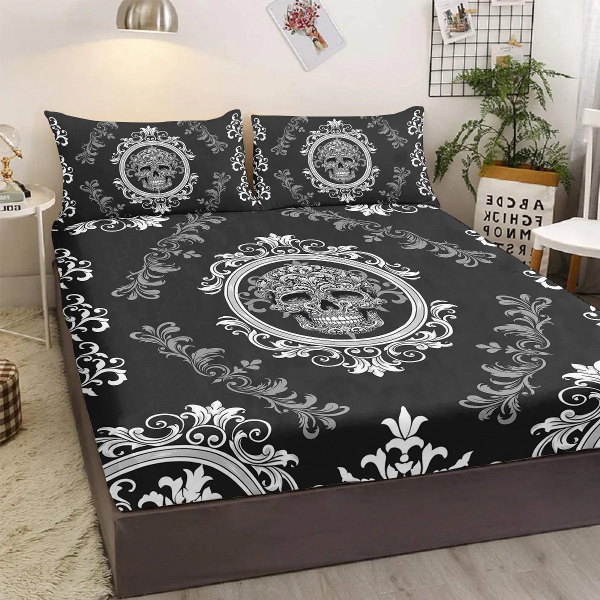 Tattooed Flower Skull Fitted Sheet Deep Pocket Black Skeleton Lightweight Bedding Set 2 Pillowcases 3 Piece