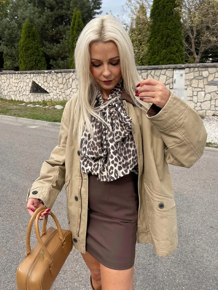 HH Female Street Single Breasted Canvas Loose Coat Autumn Woman Fashion Vintage Turndown Collar Long Sleeve Pocket Jacket