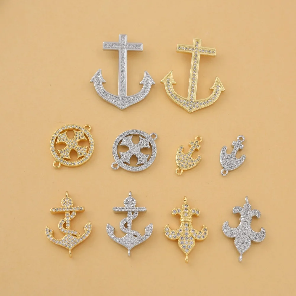 2 Pcs Copper Gold Plated Ship Anchor Pendant Connector DIY Jewelry Accessories Pave Inlay Zircon Bracelet Necklace Making Parts