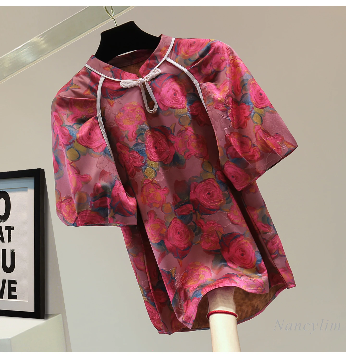 

Vintage Button-up Stand-up Collar Bubble-sleeved Cheongsam Shirt, Women's Village Top,2025 Summer Rose Print Blouse Ladies