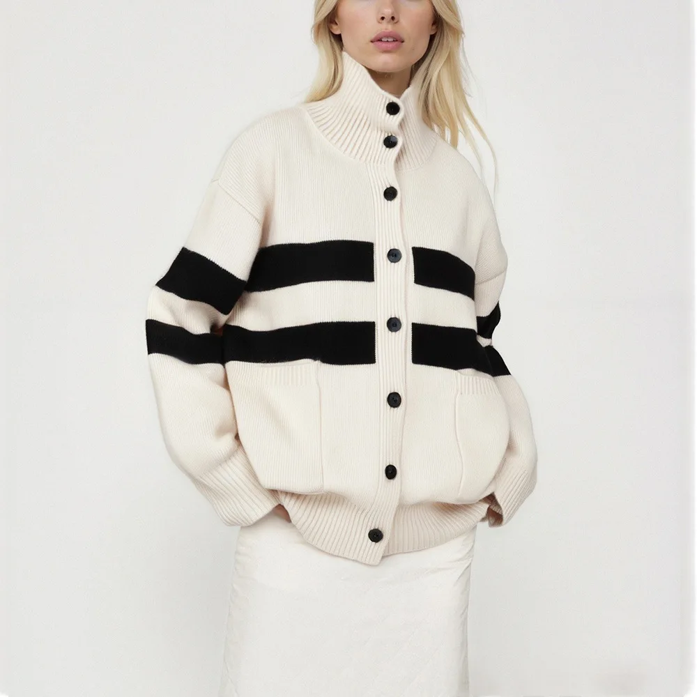 

Полосатый свитер с высоким воротником и цветными блоками, пальто, осень и зима, новый свободный вязаный кардиган большого размера для внешней торговли для женщин