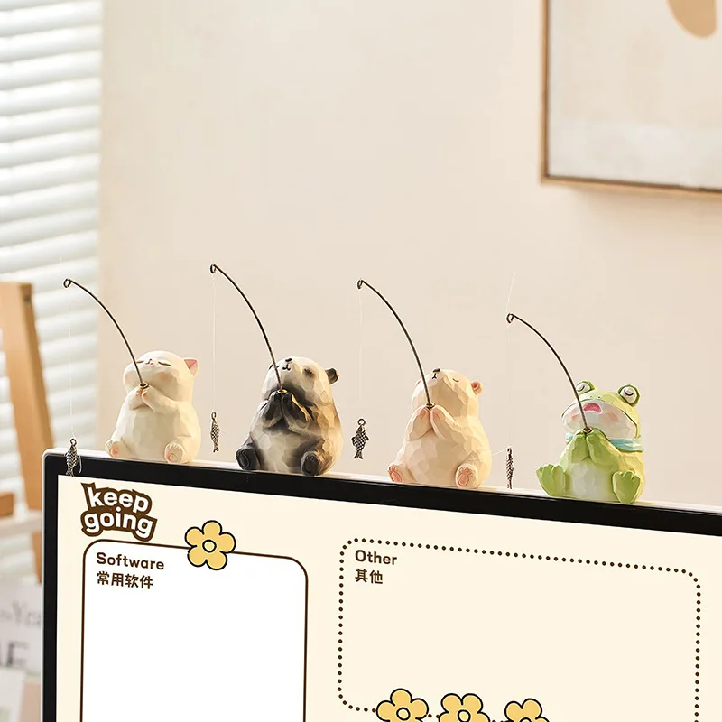 Cardboard Resin Animal Fishing Figurine. Display Piece For Desk Or Office. Cute Decoration. Bear, Frog And Cat Statues