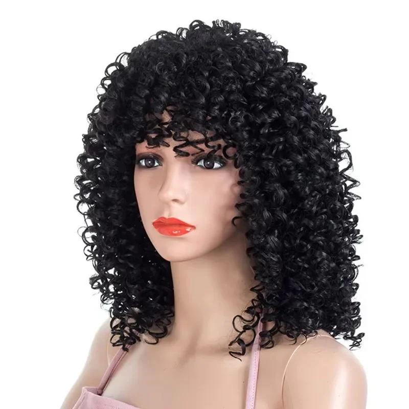 Afro Kinky Curly Wig Synthetic With Bangs Short Curly Wig For Black Women 16 Inch Explosive Head Heat Resistant Fiber Wig Daily