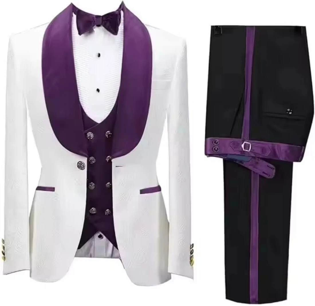 3PCS White Jacquard Men's Slim Fit Formal Business Suit with Shawl Lapel Tuxedos Blazer Vest Pants Set for Best Man Wedding